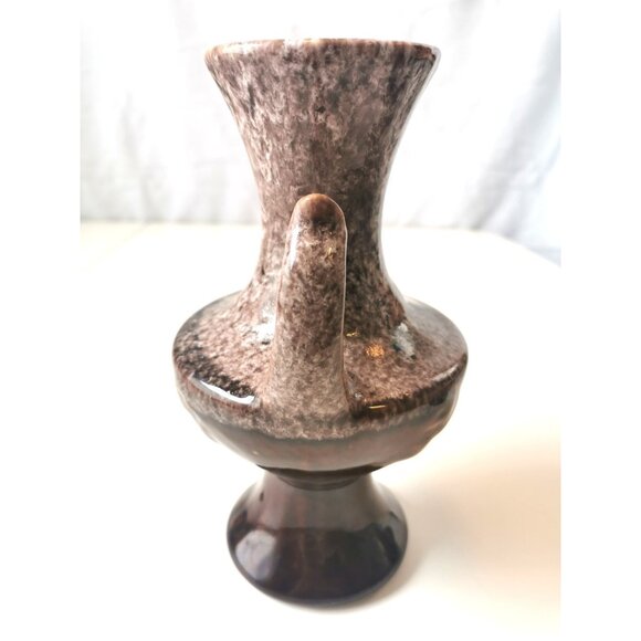 12.5" Vintage MCM Double Handle Urn Vase Brown White Drip Glaze Pottery 1960s - Picture 2 of 9